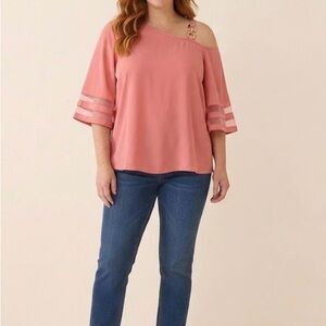 Plus One-Shoulder Rose Pink Blouse with Strap Detail
